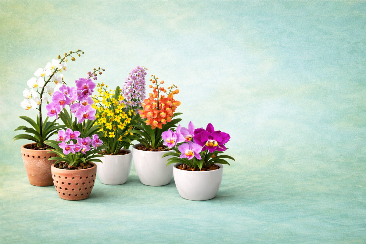 Colorful potted orchid plants on a light blue background